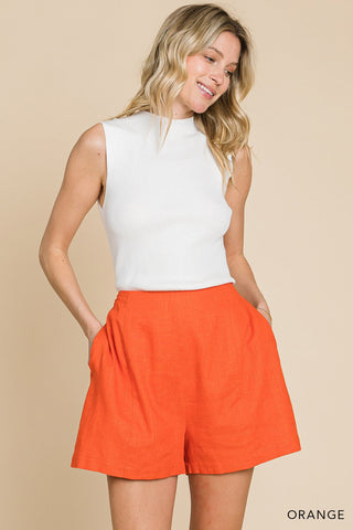 Orange Linen Blended Hi-Waist Shorts