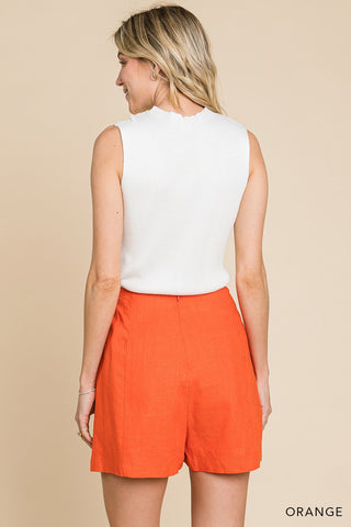 Orange Linen Blended Hi-Waist Shorts