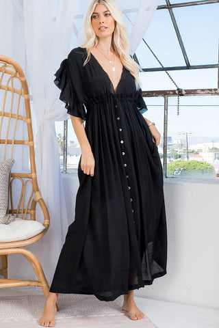 Deep V Neck Ruffle Maxi Dress