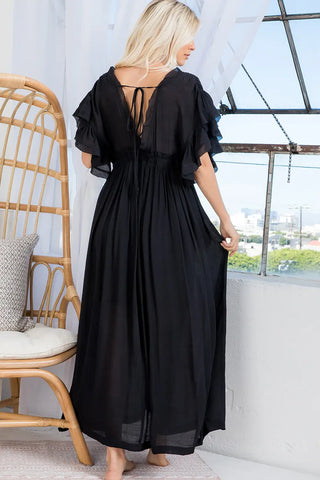 Deep V Neck Ruffle Maxi Dress