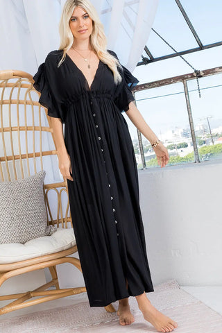 Deep V Neck Ruffle Maxi Dress