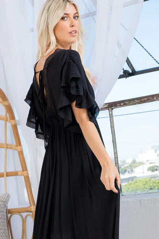 Deep V Neck Ruffle Maxi Dress