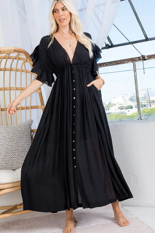 Deep V Neck Ruffle Maxi Dress